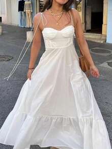 Long, Solid-Color Spring Dress With Straps, High Waist, Elegant And Sensual European Style - White - View 2