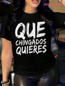 100% cotton Nueva camiseta de cuello redondo para mujer, manga corta, holgada, casual y versátil con‌estampado de letras‌, tejido suave y de buena caída - Negro - Ver 1