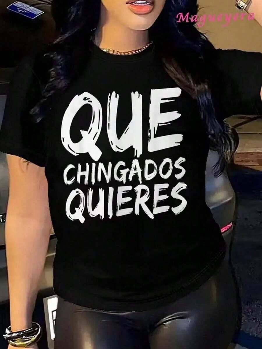 100% cotton Nueva camiseta de cuello redondo para mujer, manga corta, holgada, casual y versátil con‌estampado de letras‌, tejido suave y de buena caída - Negro - Ver 1