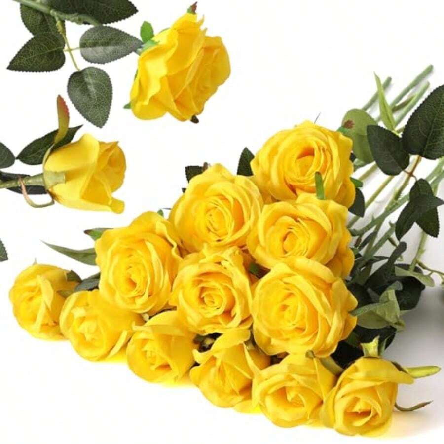 1/5/10/12/20 Piezas Rosas Artificiales Amarillas de 20 Pulgadas, Regalos del Día de San Valentín, Rosas Artificiales de Alta Gama, Adecuadas para Decoración del Hogar, Decoración de Habitaciones, Decoración de Mesas, Decoración de Bodas, Ramos Nupciales, Flores de Muñeca, Elaboración de Ramos. Adecuadas para el Hogar, Restaurante, Dormitorio, Decoración de Jarrones. - Amarillo - Ver 1