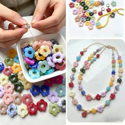 50pcs/200pcs 15mm(0.591in) Random Color Hollow Five-Petal Flower Acrylic DIY Jewelry Findings, Suitable For Necklace And Earring Making, Valentine's Day