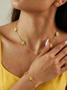 1 Set Elegante Collar con Colgante de Flor de Margarita, Pulsera y Aretes de Acero Inoxidable Chapado en Oro, Adecuado para Accesorios de Uso Diario de Mujeres y Niñas, Regalo - Dorado - Ver 1