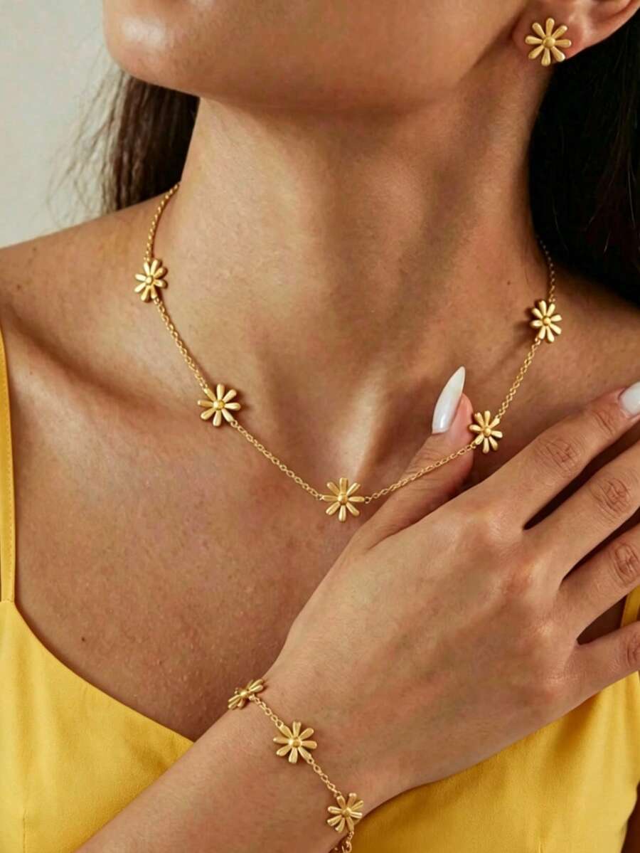 1 Set Elegante Collar con Colgante de Flor de Margarita, Pulsera y Aretes de Acero Inoxidable Chapado en Oro, Adecuado para Accesorios de Uso Diario de Mujeres y Niñas, Regalo - Dorado - Ver 1