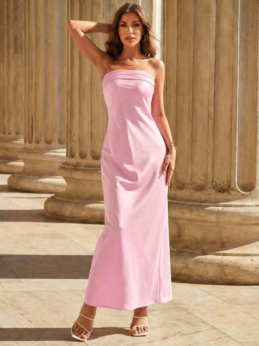 Vestido formal de satén sólido, vestido de cóctel elegante, vestido de fiesta de graduación, vestido de invitada de boda para primavera - Rosa Pálido - Ver 1