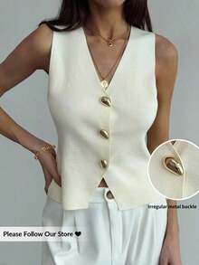 Blusa sin mangas de punto de un solo pecho con tirantes anchos, casual de verano, para otoño/invierno, verano, vacaciones, simple para ir al trabajo, con hebilla metálica única para oficina - Albaricoque - Ver 1