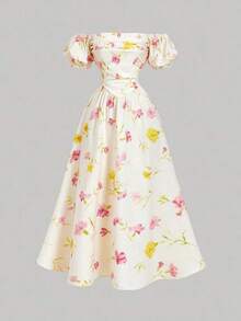 Vestido midi con hombros descubiertos, mangas abullonadas y estampado floral, primavera - Multicolor 3 - Ver 2