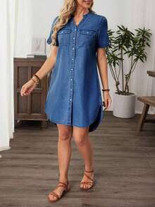 Vestido casual de mezclilla de mujer con cuello en V y abotonadura sencilla, de manga corta - Azul lavado oscuro - Ver 3