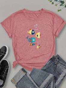 Camiseta de manga corta para mujer, estilo europeo y americano, con estampado de peces, a la moda, versátil, casual, deportiva, de cuello redondo. - Rojo - Ver 1