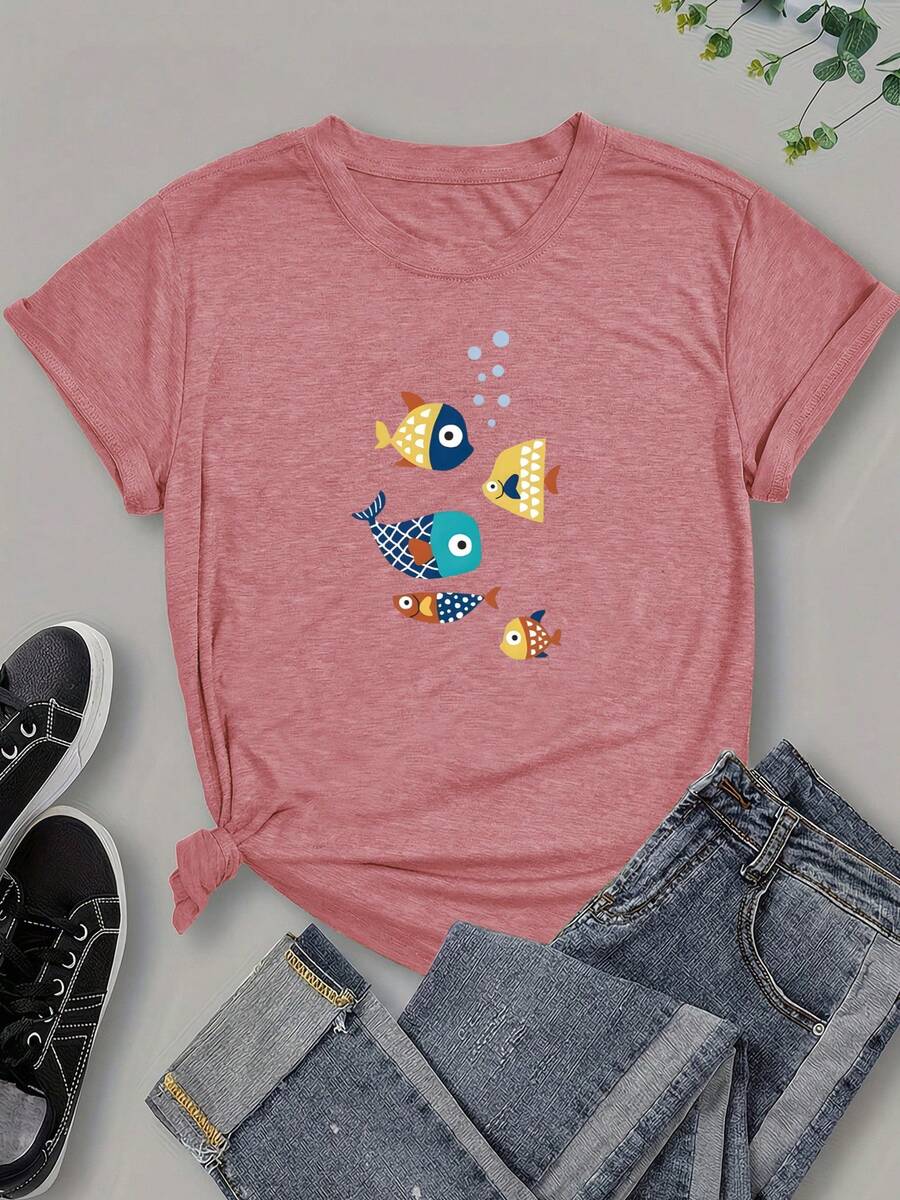 Camiseta de manga corta para mujer, estilo europeo y americano, con estampado de peces, a la moda, versátil, casual, deportiva, de cuello redondo. - Rojo - Ver 1