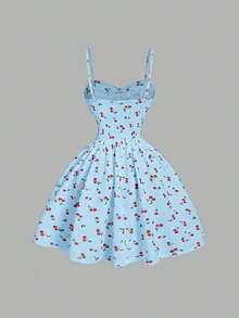 MOD Vestido elegante con bloqueo de color y estampado de cerezas, con cintura anudada. Ideal para verano, festivales, tropicales, vacaciones, coqueto, fiestas, fluido, té, brunch, estilo fairy core, atuendos elegantes para mujer - Azul - Ver 2