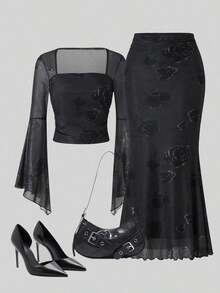 Set de 2 piezas con parte superior tipo bandeau con estampado de rosas y falda de sirena (estampado irregular) para mujer - Negro - Ver 12