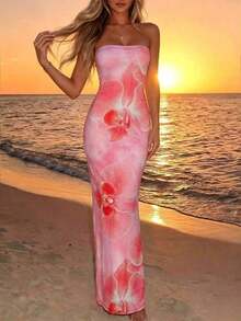 Vestido elegante con estampado floral sin tirantes y ajustado, adecuado para vacaciones - Multicolor 6 - Ver 4