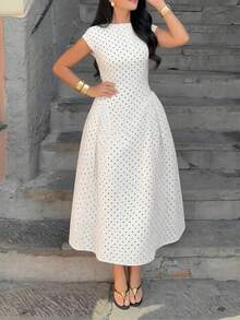 Vestido largo primavera 2026, estilo francés lunares cuello redondo cintura marcada corte elegante - Blanco - Ver 1
