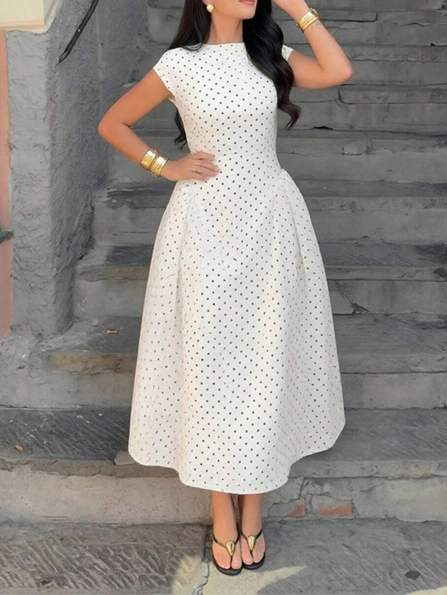 Vestido largo primavera 2026, estilo francés lunares cuello redondo cintura marcada corte elegante - Blanco - Ver 1