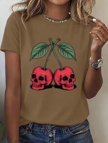 Camiseta Casual Deportiva para Mujer con Estampado de Calavera y Cerezas - [Rojo] - Ver 8