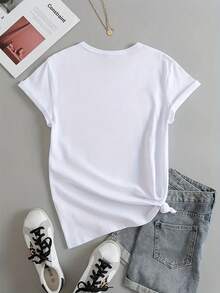 Cherry Print T-Shirt For Spring, Summer And Autumn, Short Sleeve And Round Neck, Casual Women's Clothing, Plus Size T-Shirt--Comfortable And Relaxed Shirt For Leisure Time. - 白色 - 查看 2