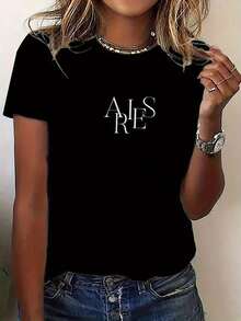 New Women's T-Shirt With Y2K "Aries" Cartoon Design - Casual Crew Neck Top, Soft And Stretchy, Machine Washable, Suitable For All Seasons, Durable Fabric, Casual And Versatile, Loose Fit. | Fun Print T-Shirt | Short-Sleeved Crew Neck T-Shirt, Urban Retro Style, Unisex, Loose Fit And 100% Cotton. - 黑色 - 查看 1