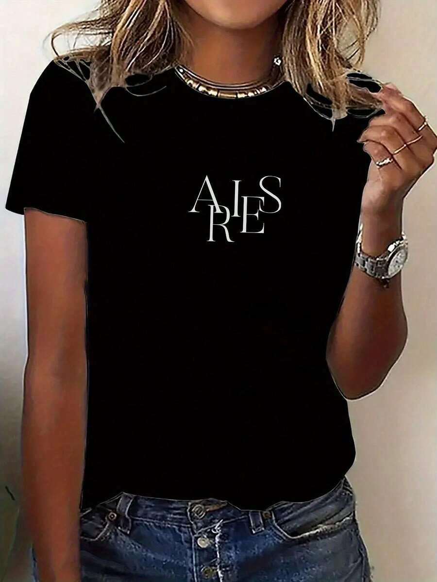 New Women's T-Shirt With Y2K "Aries" Cartoon Design - Casual Crew Neck Top, Soft And Stretchy, Machine Washable, Suitable For All Seasons, Durable Fabric, Casual And Versatile, Loose Fit. | Fun Print T-Shirt | Short-Sleeved Crew Neck T-Shirt, Urban Retro Style, Unisex, Loose Fit And 100% Cotton. - 黑色 - 查看 1