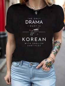 Women's T-Shirt With K-Drama Quotes - Korean Drama Print, Short Sleeve, Round Neck, Ideal For K-Drama Fans - Casual Korean Series Outfit With Iconic Quotes (Machine Washable) - 黑色 - 查看 6