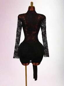 Blusa de encaje para mujer con vestido mini ajustado de tul rojo vintage con cordón en el bajo, estilo bohemio para fiesta - Negro - Ver 2