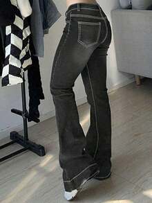 Jeans acampanados de tiro bajo casuales de mezclilla estilo streetwear Y2K para mujer, de vuelta a la escuela, otoño y primavera - Gris Oscuro - Ver 3