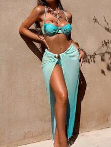 Swim  Conjunto de 3 piezas de traje de baño de mujer para vacaciones de verano, con falda de malla trenzada, estampado degradado y diseño informal - Multicolor - Ver 4
