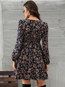 Frenchy Vestido de manga farol con cuello en V, inserto de encaje y estampado floral menudo en línea A - Multicolor - Ver 2