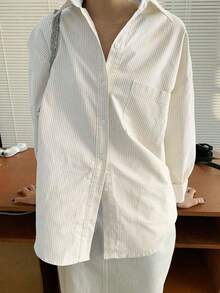 Camisa de manga larga con bolsillo y hombros caídos a rayas verticales, ropa de otoño - Caqui - Ver 5