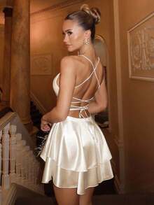Vestido corto de mujer con tirantes finos y espalda descubierta con diseño cruzado - Albaricoque - Ver 2