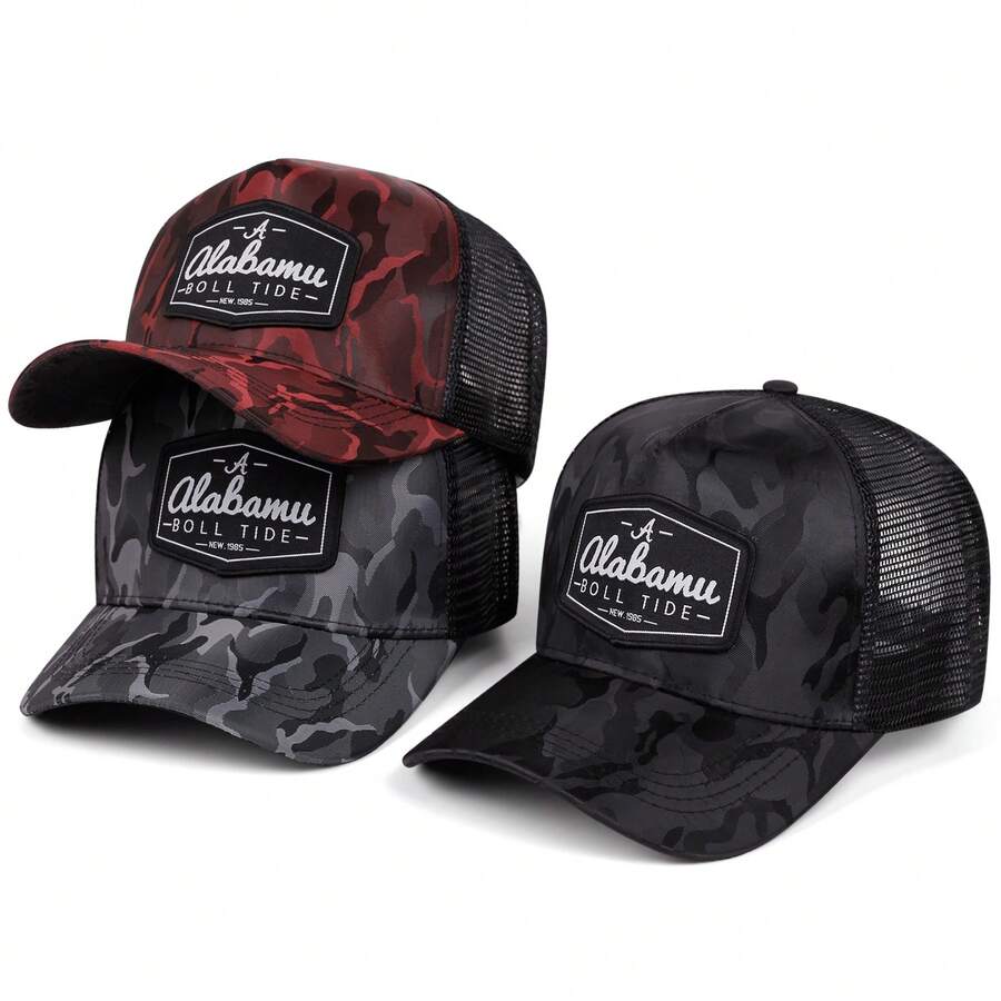 1pc Hat Roll Tide Patch Trucker Cap, Camo Print Mesh Curved Brim Streetwear Baseball Hat - A - View 1