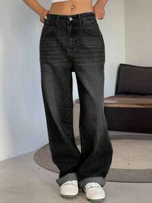 Pantalones vaqueros de pierna ancha con bolsillo en diagonal, pantalones vaqueros anchos - Negro - Ver 4