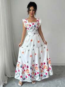 Vestido informal largo con diseño de cuello cuadrado, mangas de campana y cintura ceñida con estampado multicolor, ideal para vacaciones - Multicolor - Ver 3
