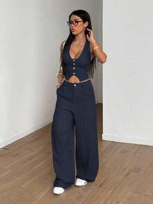 Conjunto de 2 piezas de chaleco y pantalones de unicolor de streetwear para mujer, para verano - Azul marino - Ver 4