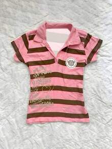 Camisa Polo de Manga Curta Listrada em Rosa e Marrom para Mulheres, Material de Poliéster, Caimento Regular, Casual, Férias de Verão - Rosa chiclete - Visão 3