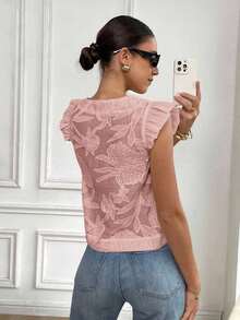 de moda con cuello redondo, manga corta y abotonadura sencilla, en tejido jacquard con estampado floral - Rosa vieja - Ver 5