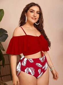 Swim Chiccia Conjunto de 2 piezas de bikini de talla grande para mujer de unicolor con tirantes de espagueti, hombros descubiertos, volantes y cordón - Elegante y estiloso para vacaciones informales - Rojo y blanco - Ver 3