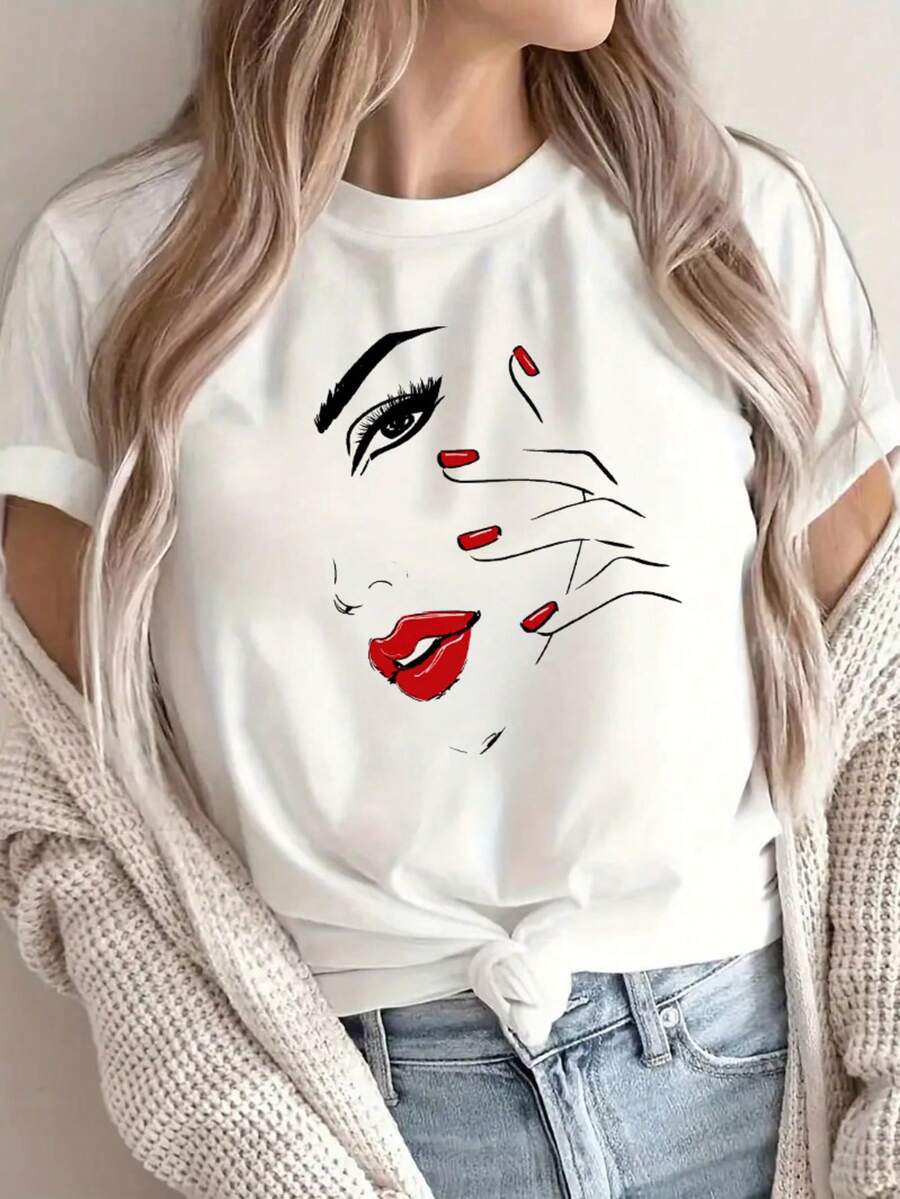 Camiseta de manga corta y cuello redondo para mujer, sencilla, elegante e informal. Corte regular, estampado único, versátil y a la moda para el día a día. - Blanco - Ver 1