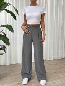 Pantalones rectos de cintura alta de color liso informal - Gris - Ver 5