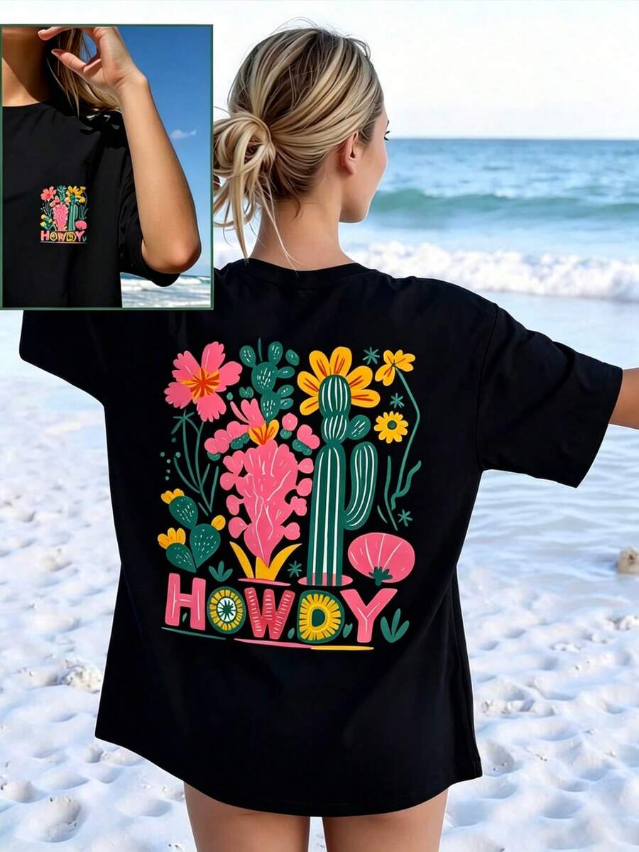 Camiseta de manga corta con cuello redondo, corte holgado, estampado sencillo con eslogan, para mujer, ideal para el verano, vacaciones y uso diario.Camiseta de Mujer.Blanco - Negro - Ver 1