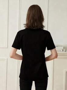 Women's Summer Short-Sleeved T-Shirt With Slogan Print, Loose Fit And Round Neck, Fashionable Holiday Wear, Suitable For Everyday Wear And Vacation, Black Color - 黑色 - 查看 3