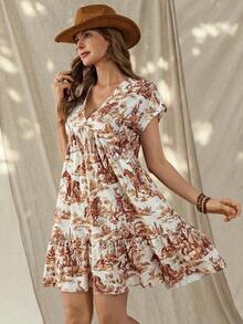 Vestido corto de manga corta básico para uso diario, con estampado nómada vintage de estilo occidental y campestre, para mujer en primavera/verano - Multicolor - Ver 3