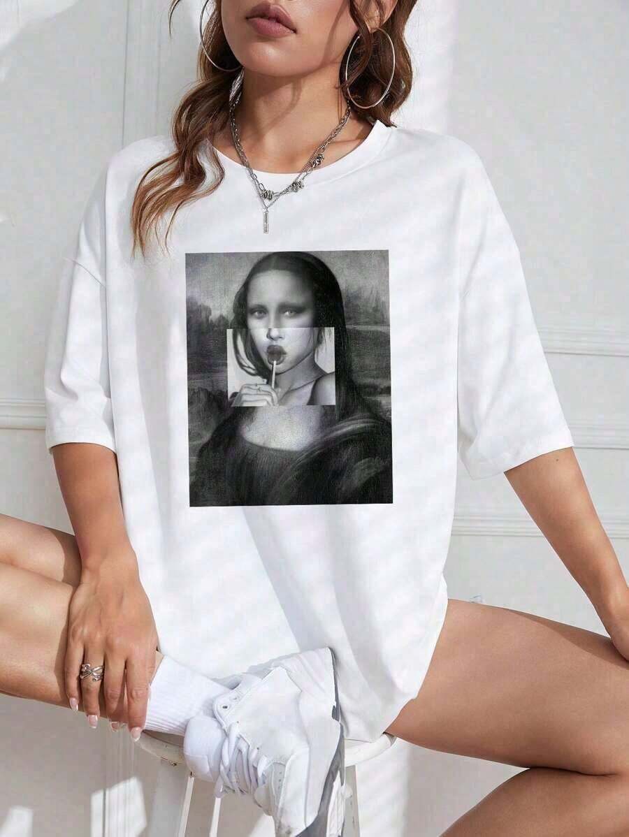 Camiseta de hombros caídos con estampado de la Mona Lisa, camiseta gráfica para mujer - Blanco - Ver 1