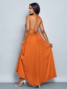xheSOLERSUN Vestido largo de mujer de unicolor con escote halter en V, para vacaciones y playa, con espalda cruzada y anudada, para vacaciones y salidas a la playaxhe - Naranja - Ver 2