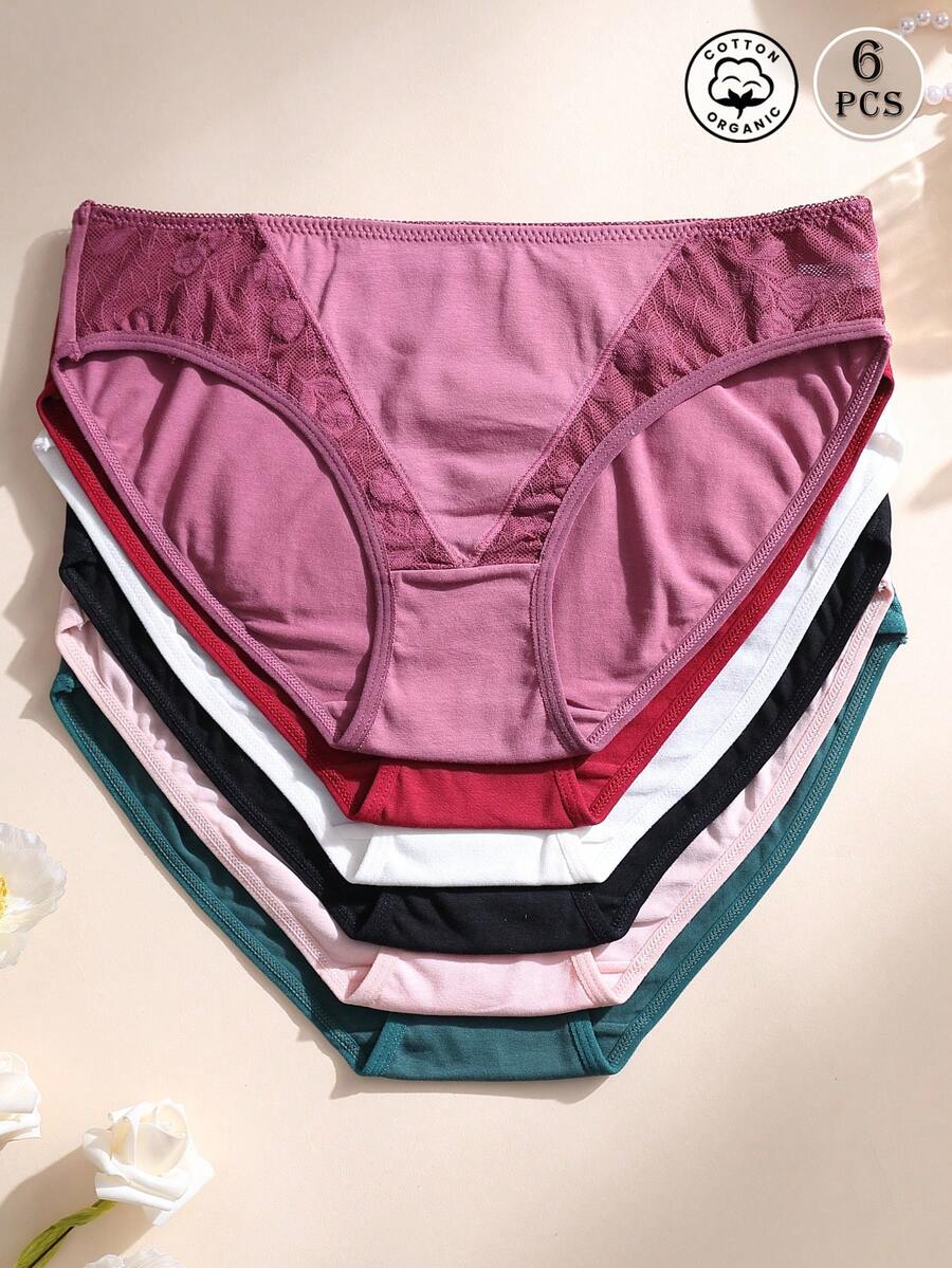 6件組女款性感蕾絲拼接低腰無縫棉質內褲，純色柔軟舒適透氣，適合瑜伽運動與日常穿著