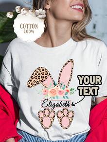 Producto Personalizado: Orejas de Conejo de Pascua con Diseños Florales, Personaliza con el Texto que Desees, Camiseta 100% Puras, Camiseta DIY con Diseño de Nombre Personalizado - [Blanco] - Ver 7