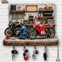 2D Retro Motorcycle Repair Theme Key Hook, Wooden Multifunctional Home Key Rack With 4 Hooks, Wall Decor, Porch Decor, Room Decor, Villa Decor, All-Season Home Decor - Multicolor - View 3