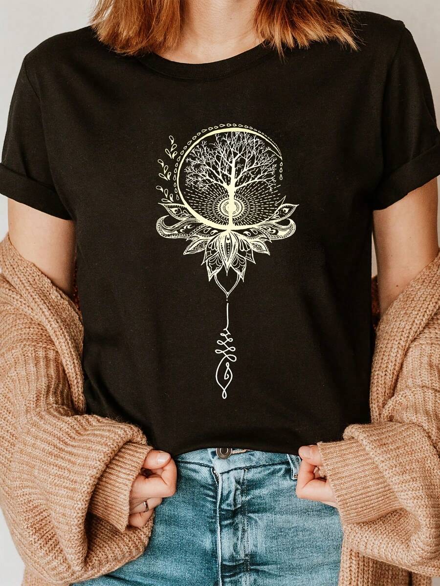 Women's T-Shirt 2026 With Tree Of Life Mandala And Infinity Symbol - Spiritual Meditation Top, Casual Short Sleeve Crew Neck T-Shirt - 黑色 - 查看 1