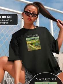Camiseta de manga corta estilo americano, de algodón puro, con estampado casual de pintura al óleo vintage de verano, cuello redondo, corte holgado, camiseta básica de moda europea y americana. - Negro - Ver 2
