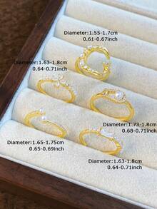 5件套优雅仿珍珠星月图案镶嵌戒指，可调节，适合派对、聚会、舞会（不含礼盒） - 金黃色 - 查看 4