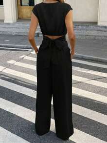 Conjunto de 2 piezas de blusa y pantalones con lazo en la espalda de unicolor para mujer, un conjunto de top holgado y pantalón de pierna ancha con lazos en la espalda, unicolor, elegante y casual, adecuado para el uso diario, primavera/verano - Negro - Ver 4
